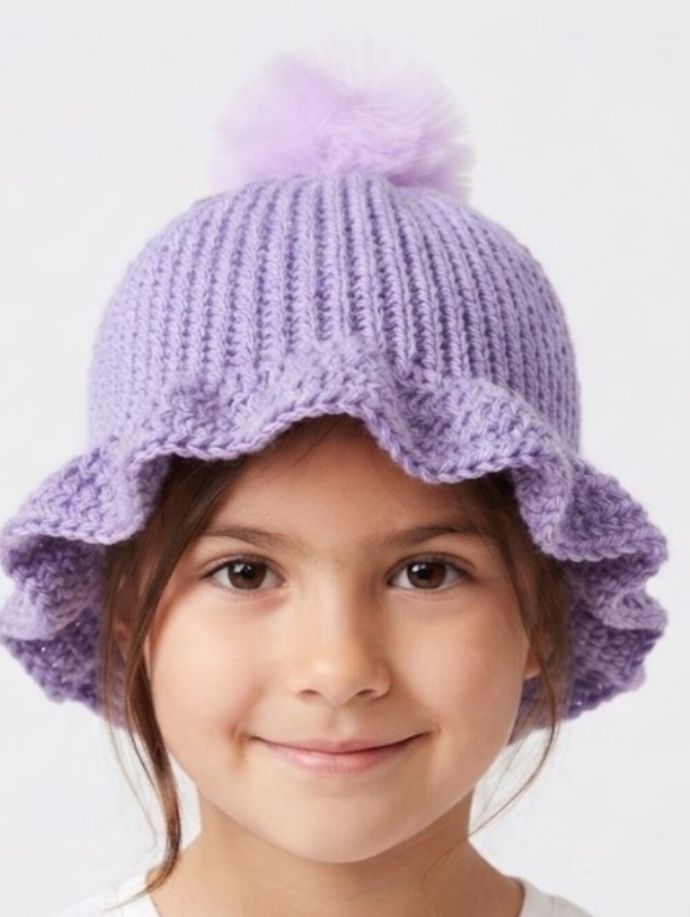 Handmade Crochet Reversible Bucket Hat Girls Purple Lavender Pom Pom 2-in-1 OOAK